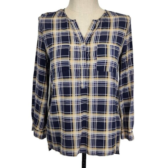 Joie Nepal Plaid Silk Popover Blouse M Long Sleeve Blue Yellow White Lightweight - Picture 1 of 9